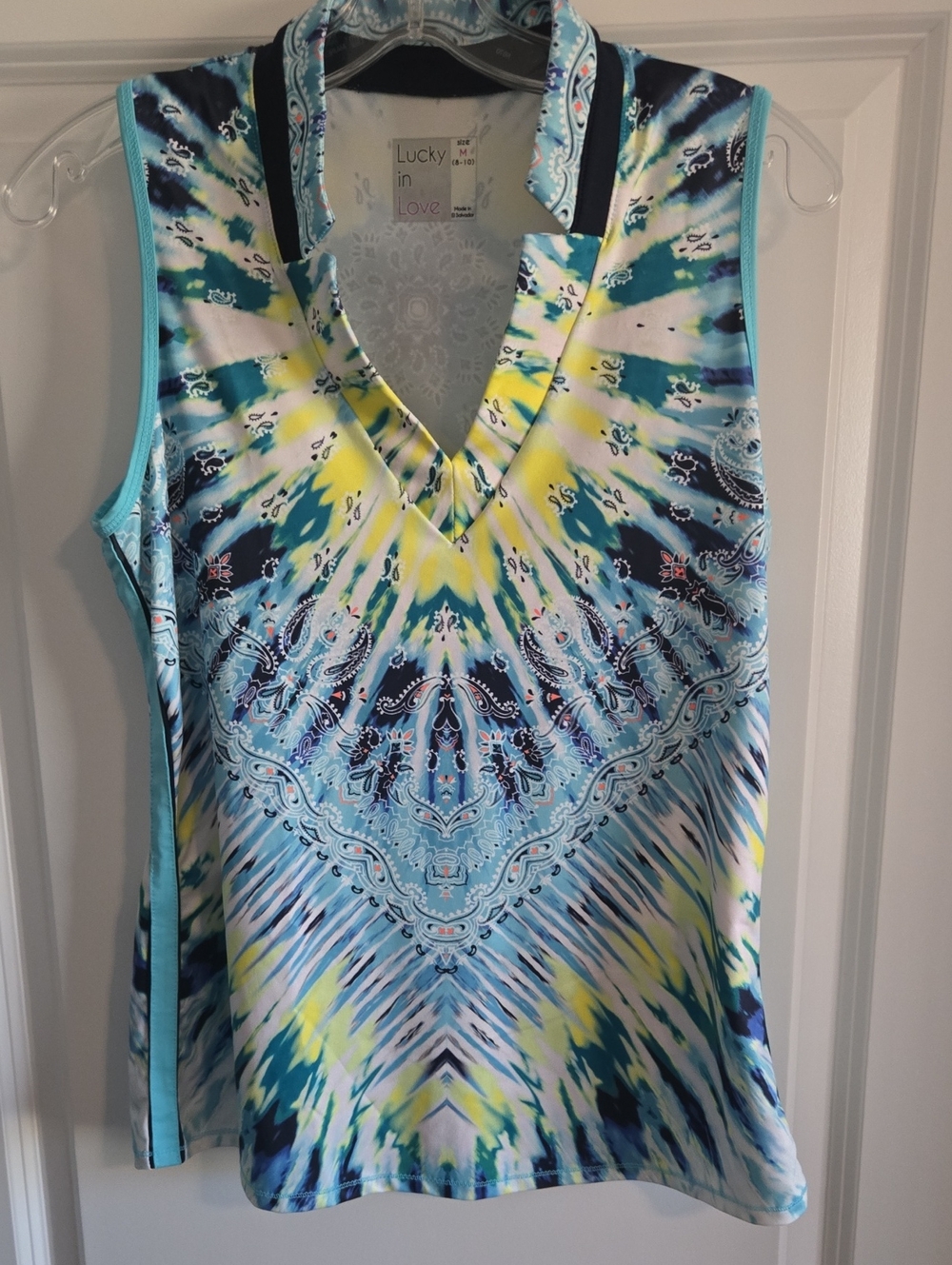 Lucky in Love Blue, Yellow & White V-Neck Tank with Tie-Dye Print